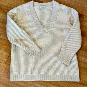 Babaton Grey Ribbed Knit 100% Merino Wool Sweater